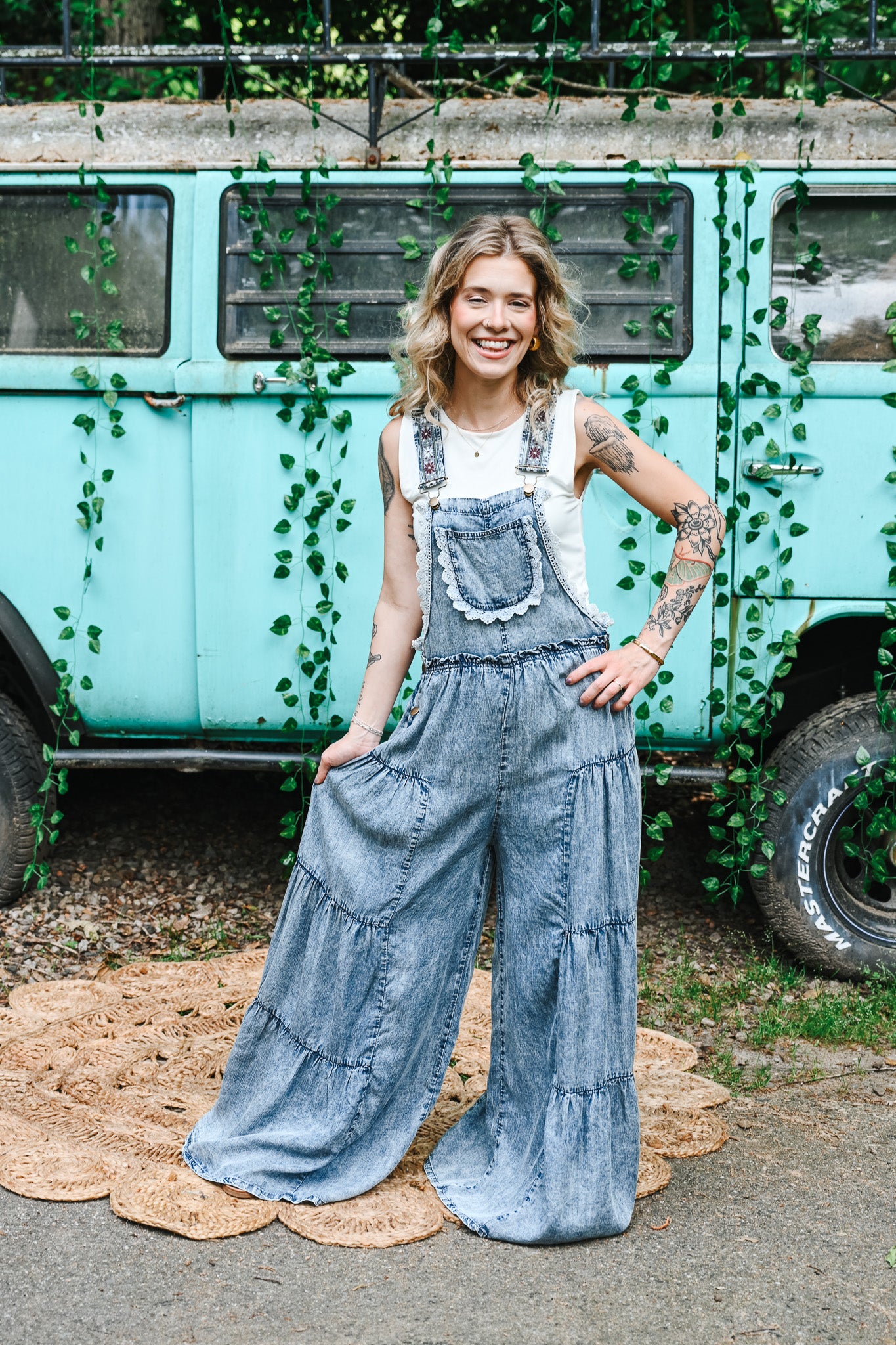 Lace Tiered Denim Jumpsuit