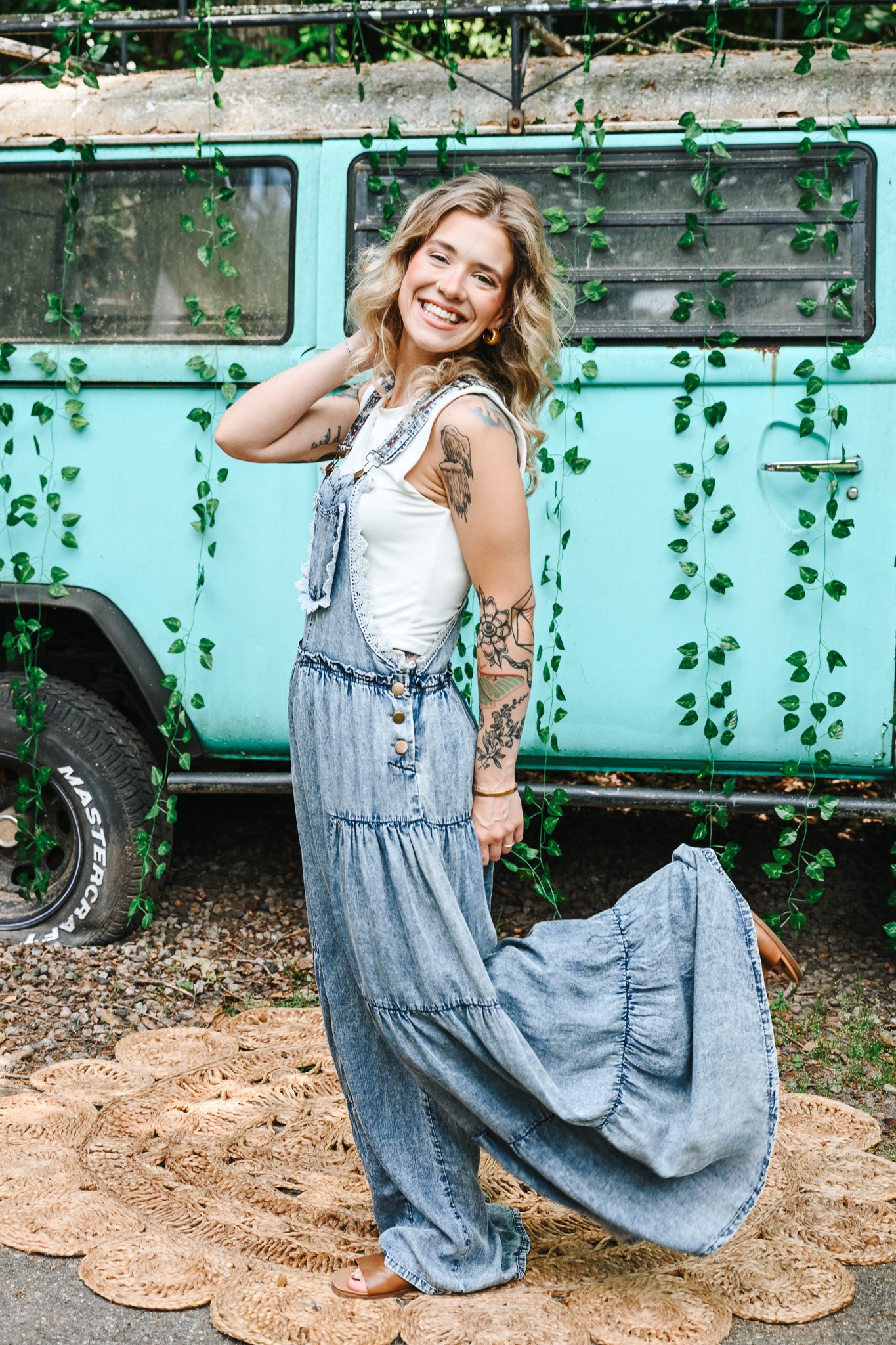 Lace Tiered Denim Jumpsuit