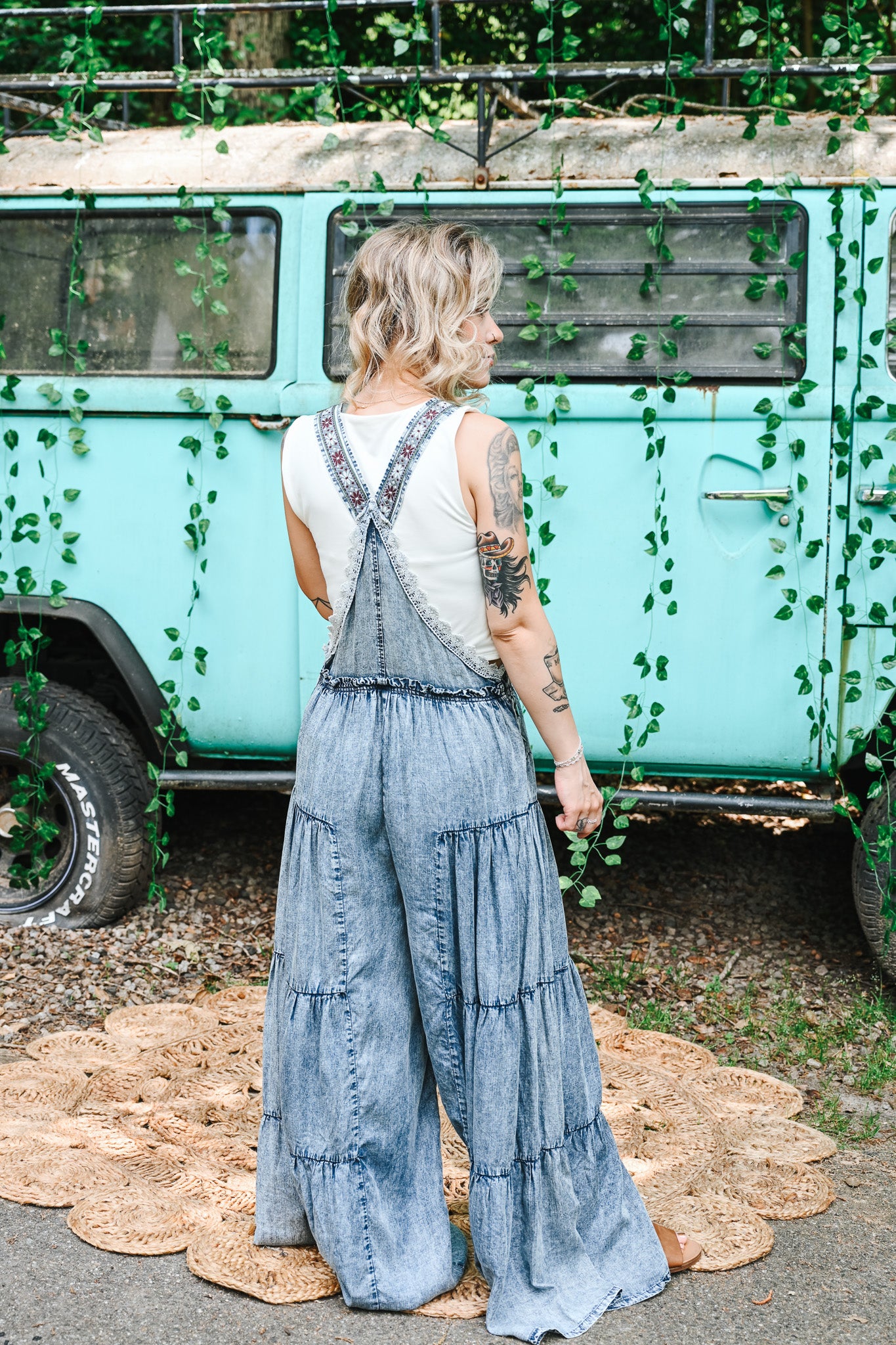 Lace Tiered Denim Jumpsuit
