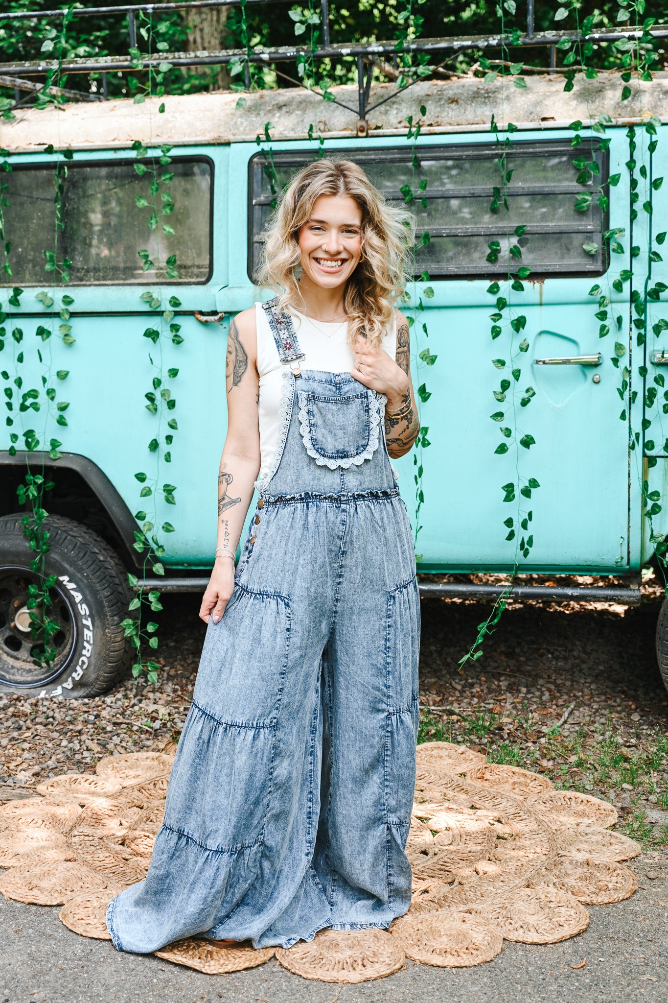 Lace Tiered Denim Jumpsuit