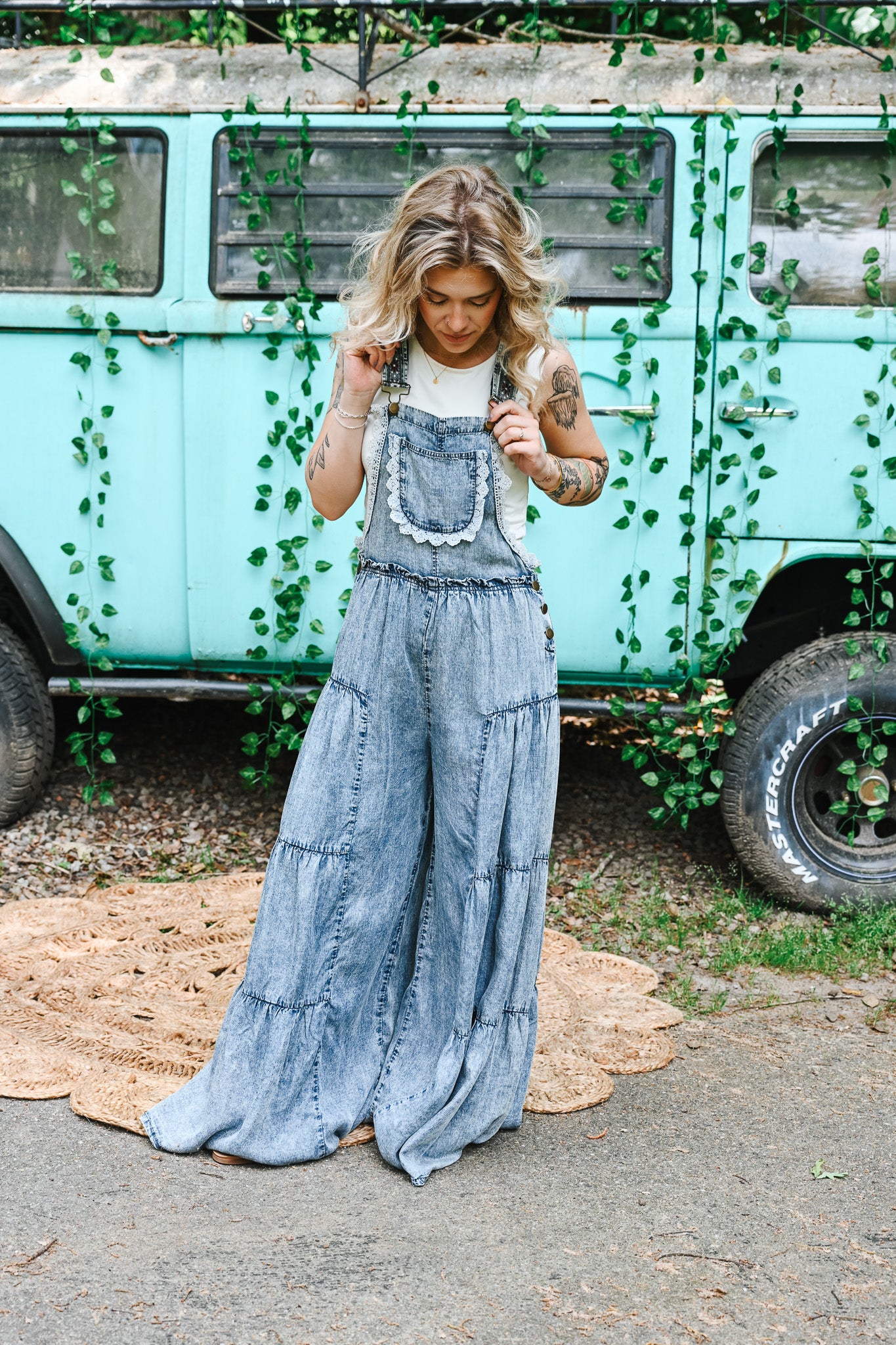 Lace Tiered Denim Jumpsuit