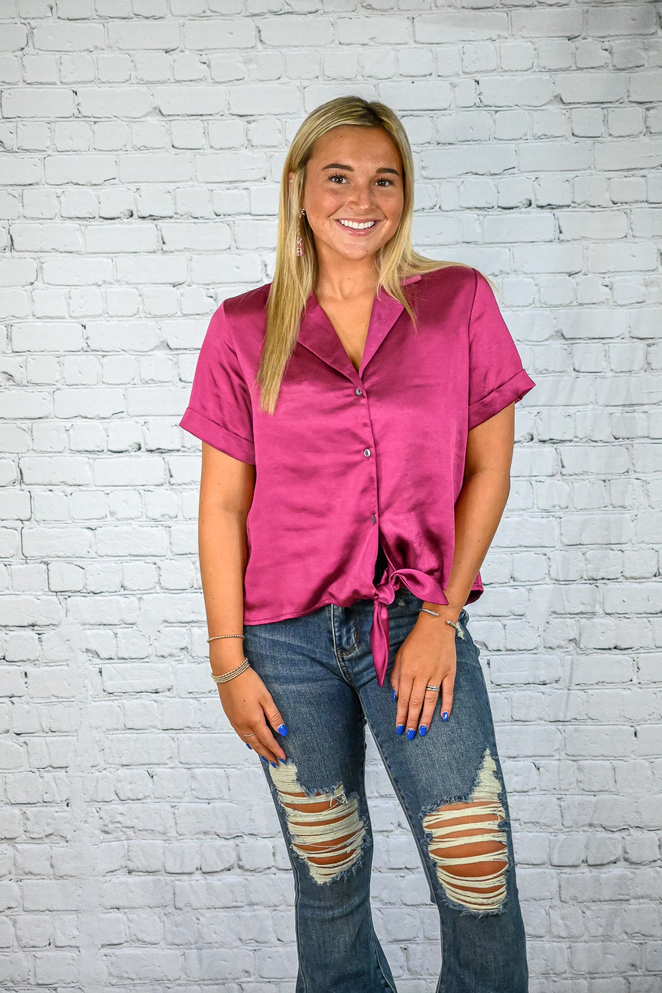 Pink Lady Tie Button Down -