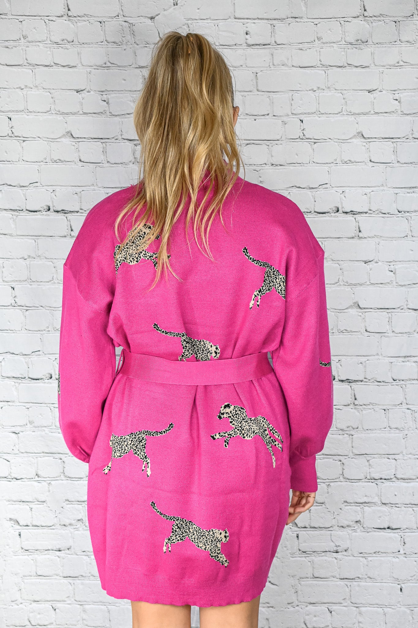 Hot Pink Leopard Belted Sweater Dress -