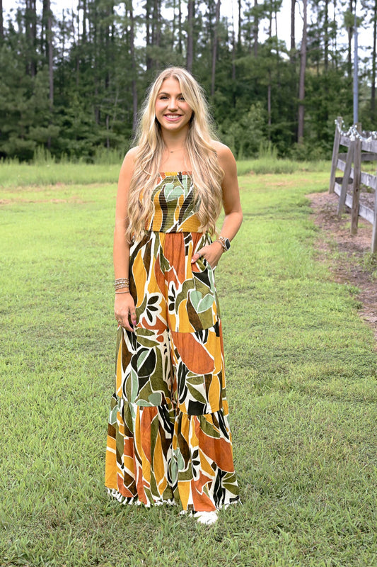 Renia Tropical Eve Strapless Smocked Jumpsuit