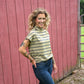 Taupe And Navy Stripes Mock Neck Top