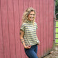 Taupe And Navy Stripes Mock Neck Top