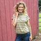 Taupe And Navy Stripes Mock Neck Top