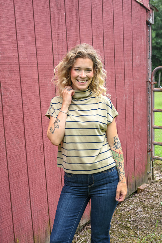 Taupe And Navy Stripes Mock Neck Top