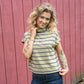 Taupe And Navy Stripes Mock Neck Top