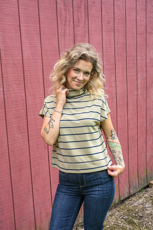 Taupe And Navy Stripes Mock Neck Top