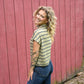 Taupe And Navy Stripes Mock Neck Top