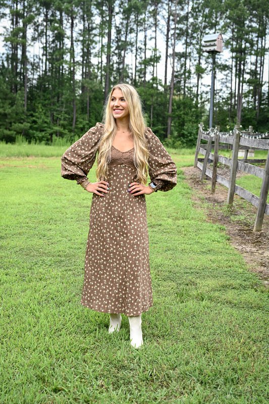 Brown Floral Lace Panel Maxi Dress