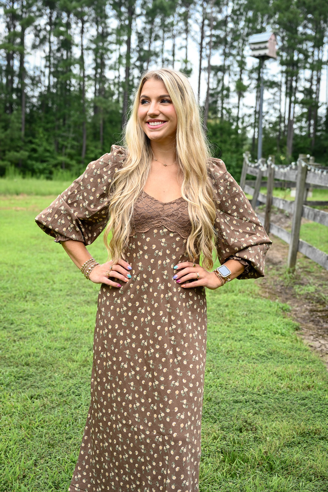 Brown Floral Lace Panel Maxi Dress