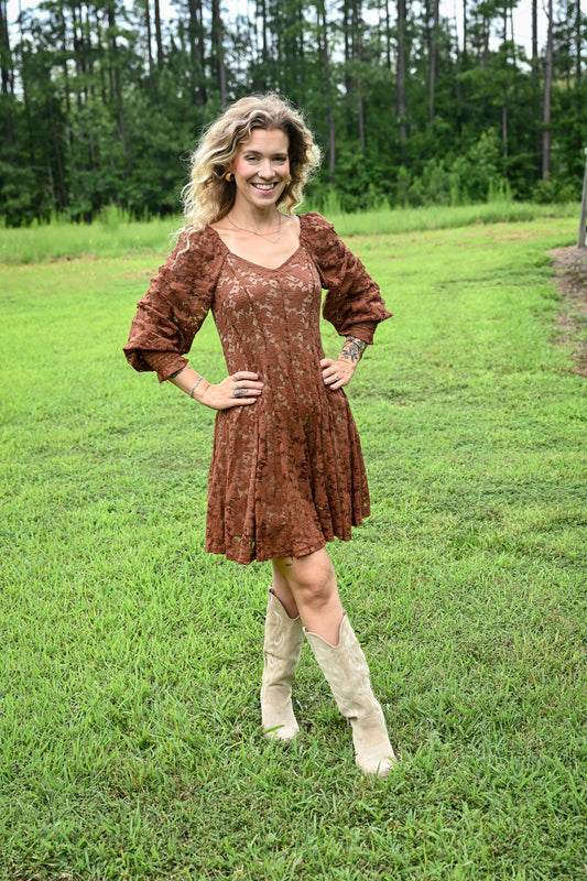 Copper Lace Fit And Flare Mini Dress