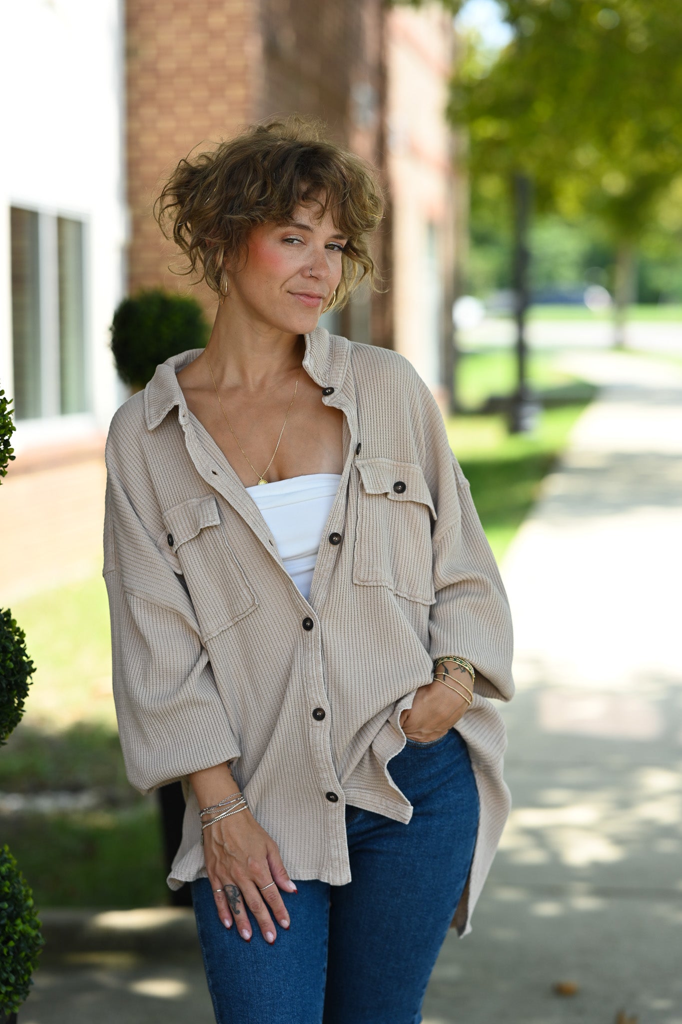 Mineral Wash Waffle Knit Button-Up Shacket: DARK TAUPE