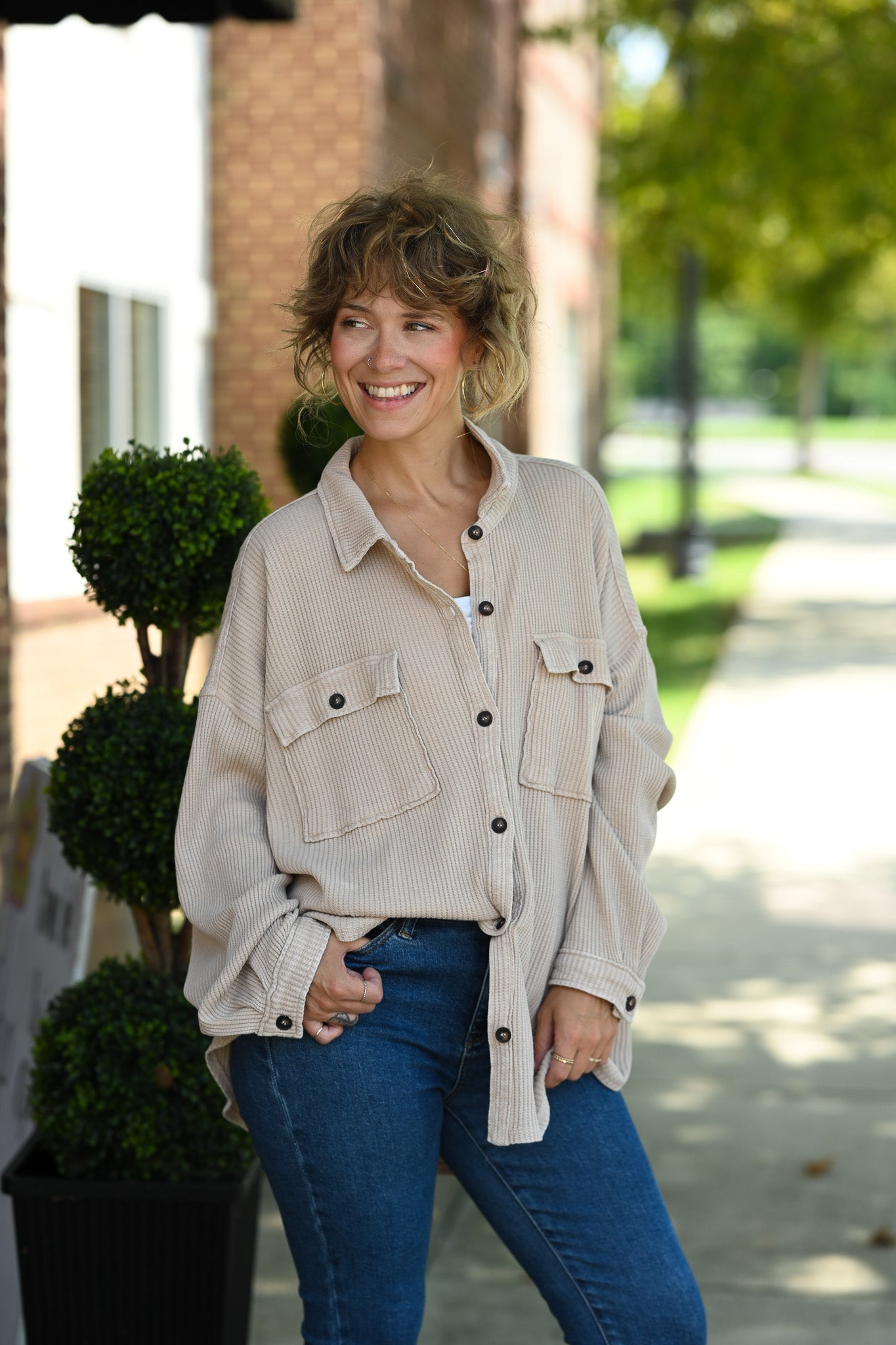 Mineral Wash Waffle Knit Button-Up Shacket: DARK TAUPE