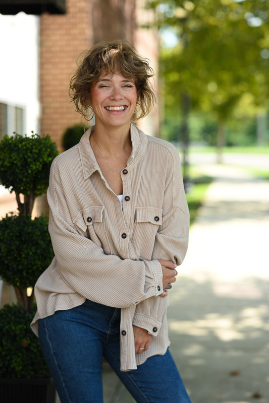 Mineral Wash Waffle Knit Button-Up Shacket: DARK TAUPE
