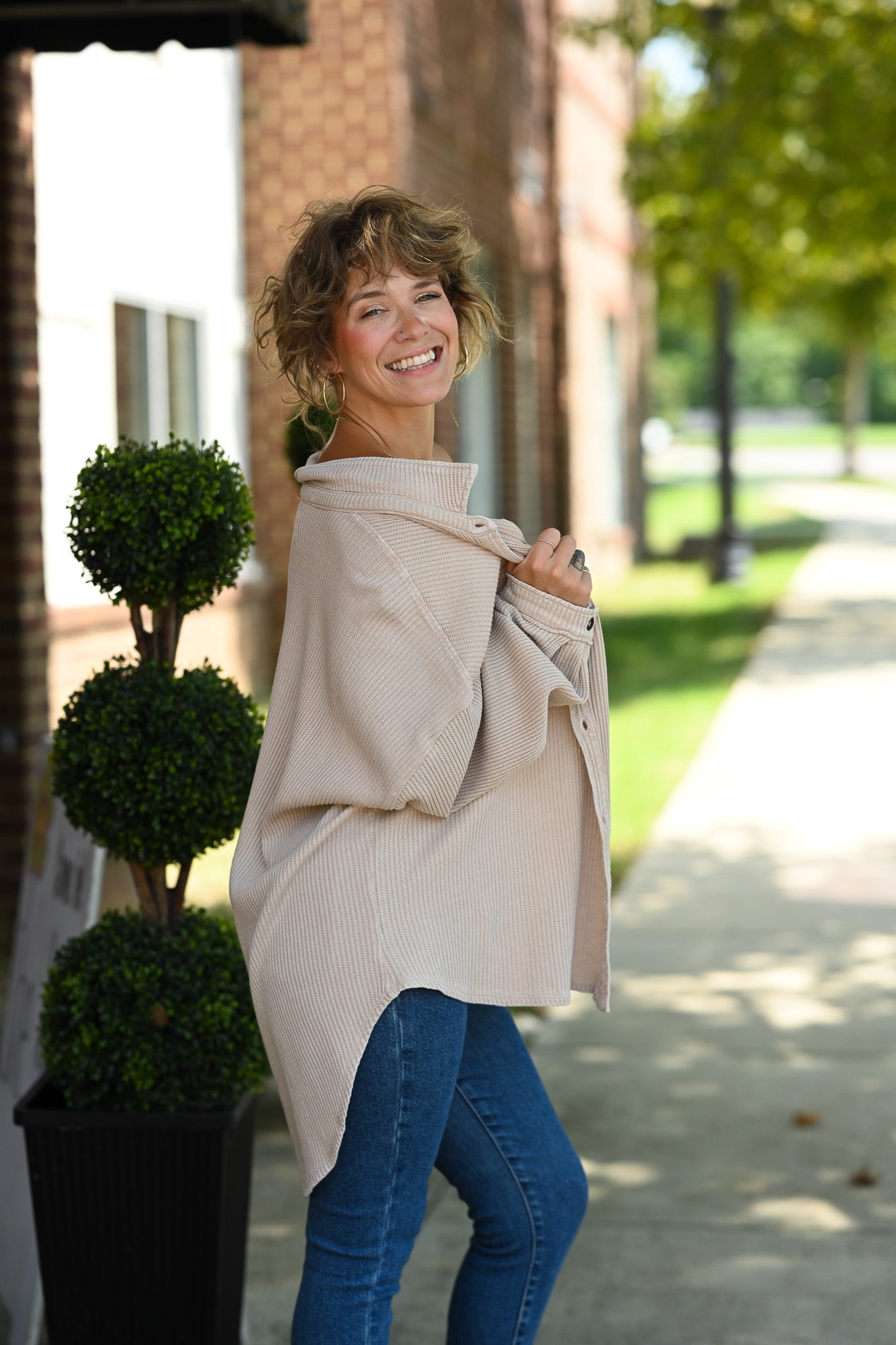 Mineral Wash Waffle Knit Button-Up Shacket: DARK TAUPE
