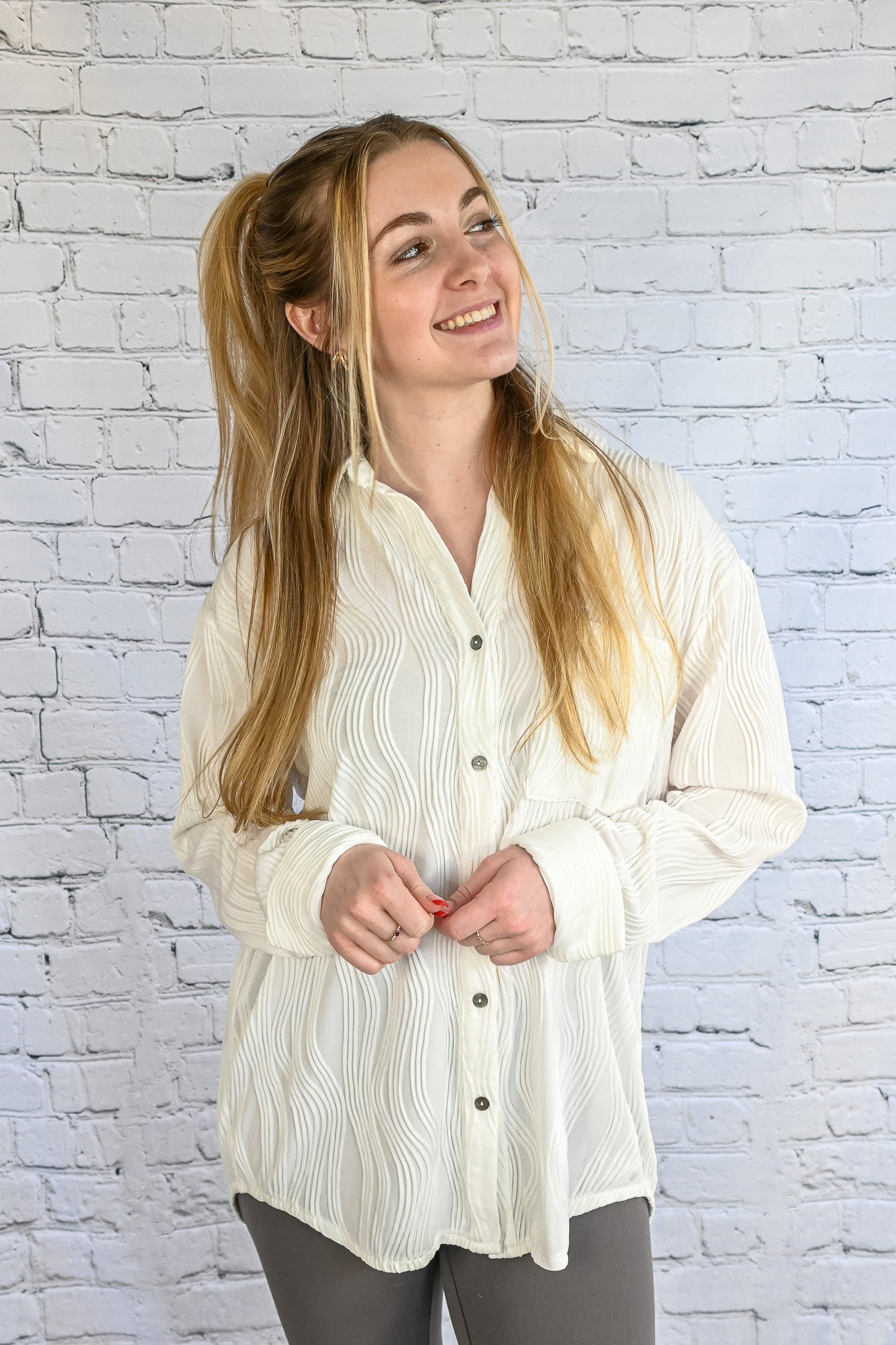Rippled with Love Button Down - Off White -
