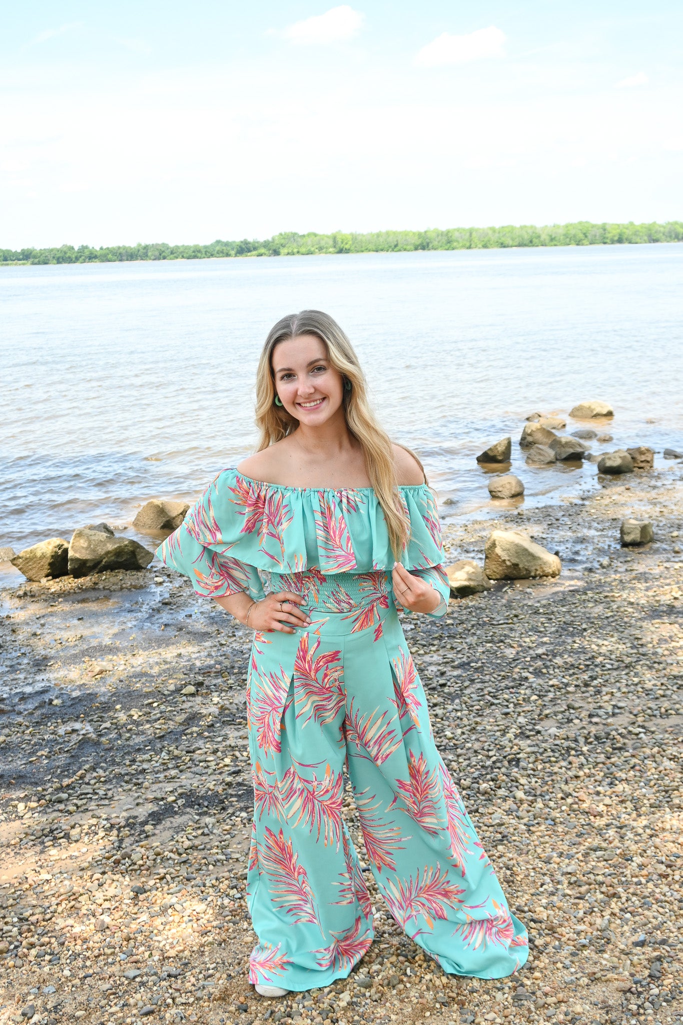 Turquoise Palms Wide Leg Trouser -