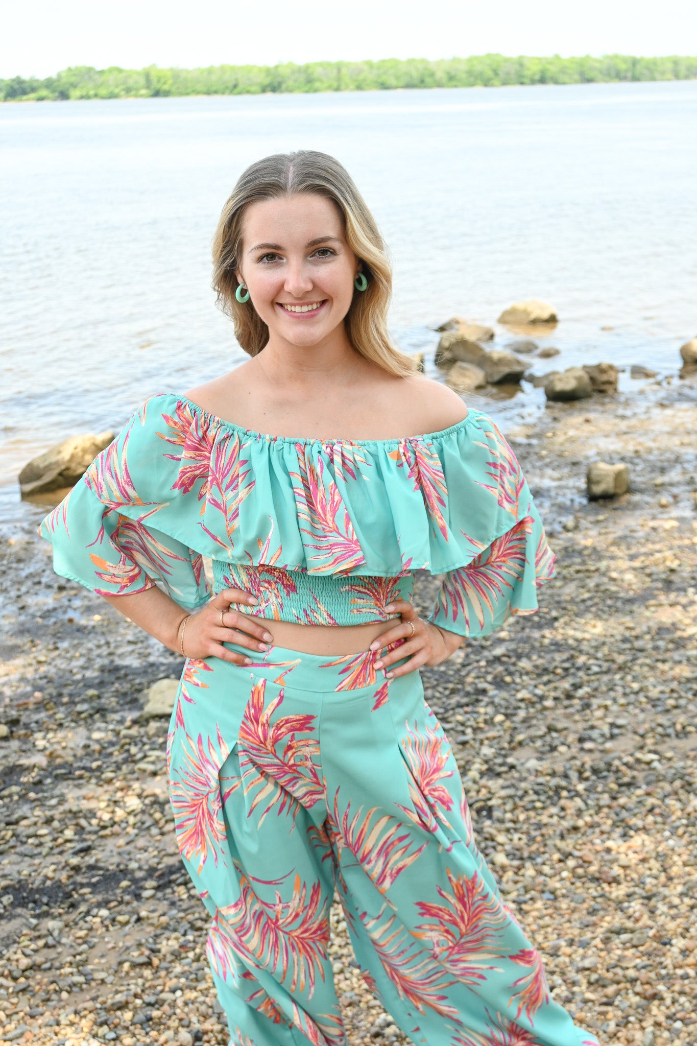 Turquoise Palms Wide Leg Trouser -