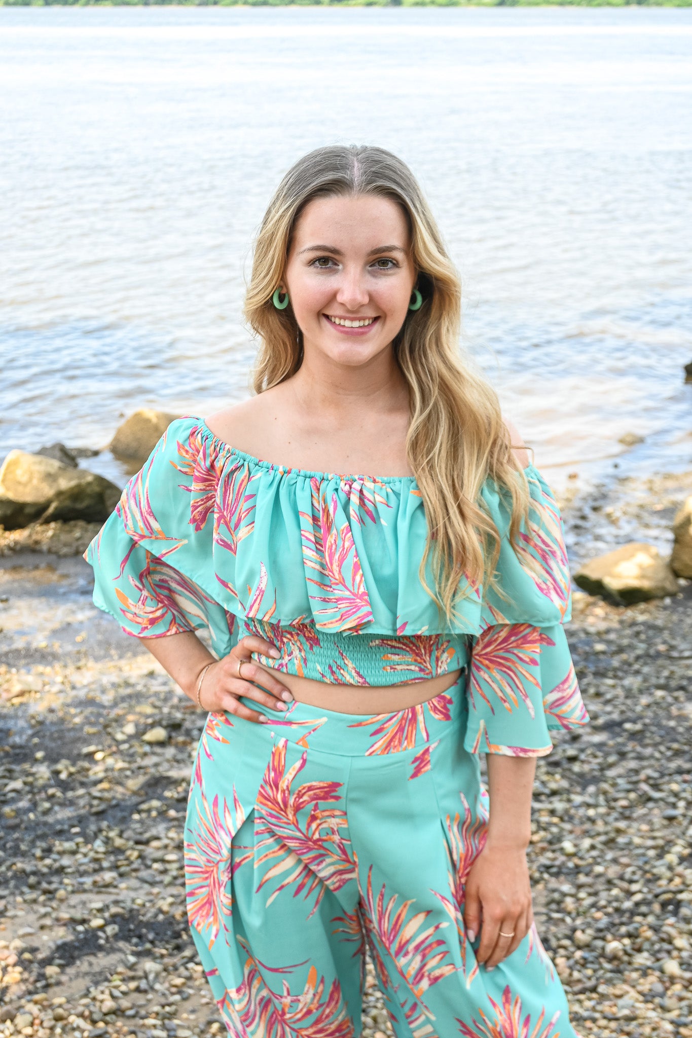 Turquoise Palms Wide Leg Trouser -