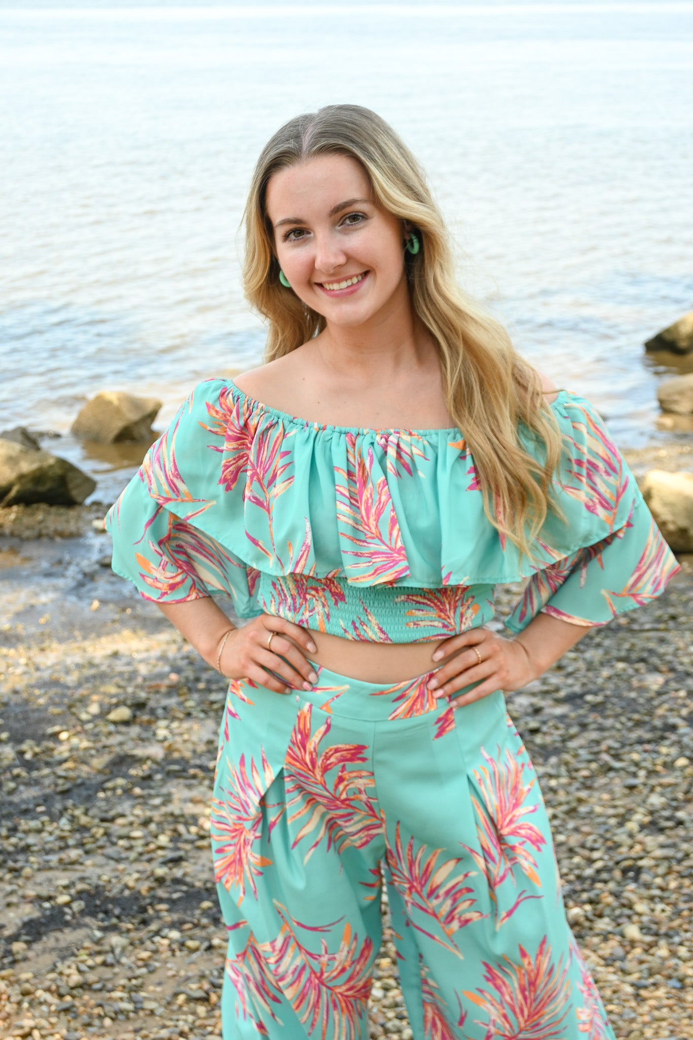 Turquoise Palms Wide Leg Trouser -