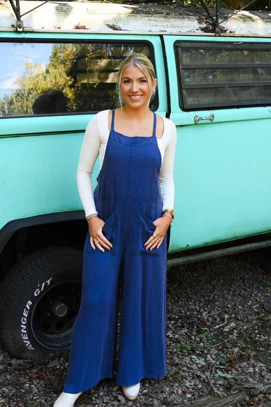 Winnie Navy Waffle Jumpsuit