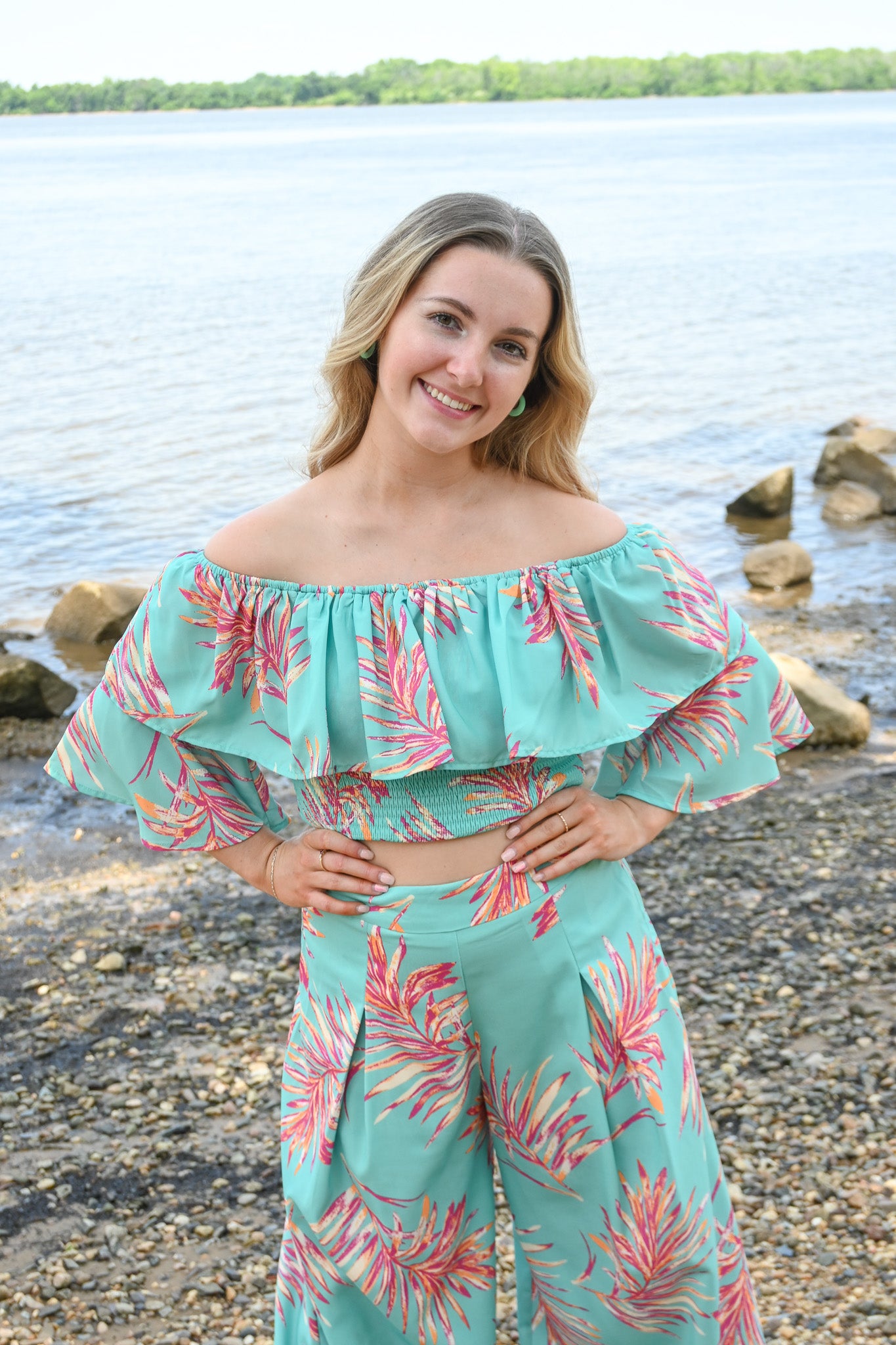 Turquoise Palms Wide Leg Trouser -