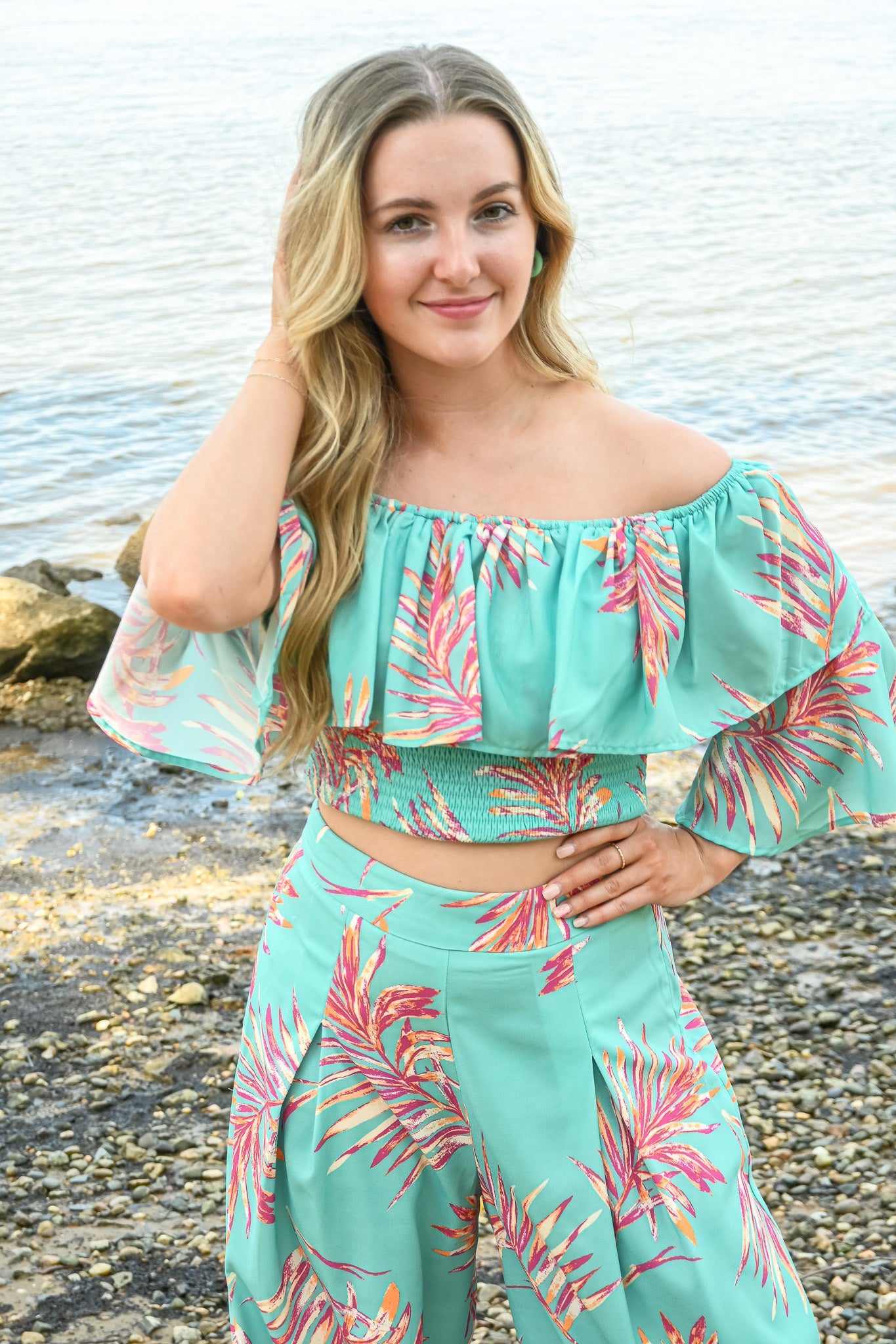 Turquoise Palms Wide Leg Trouser -