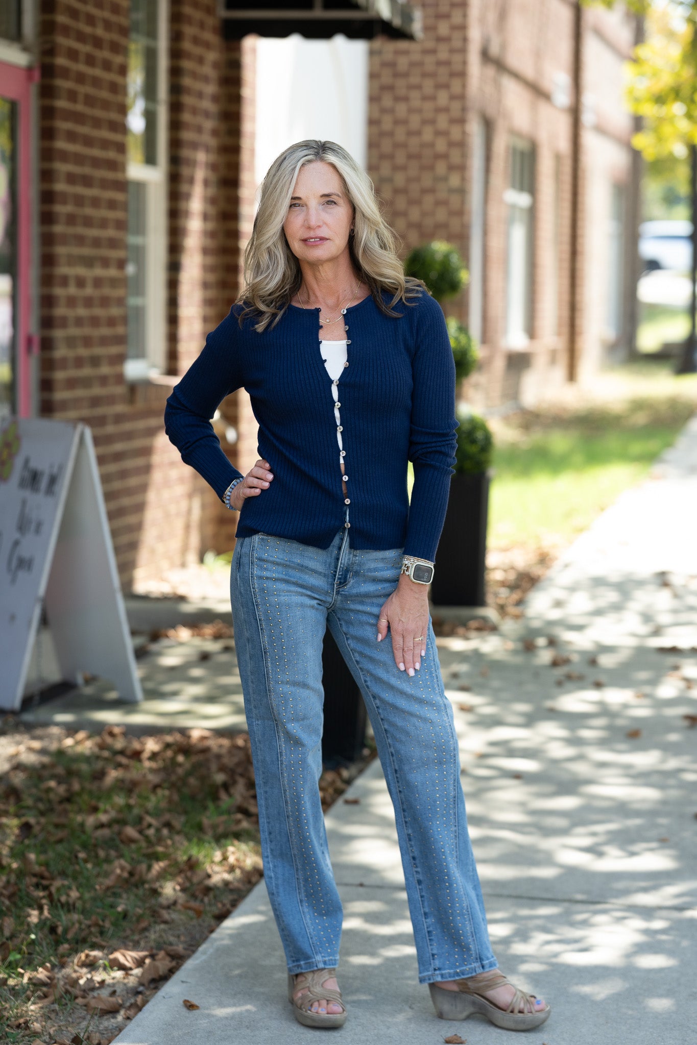 Ribbed Button Front Cardigan: Navy
