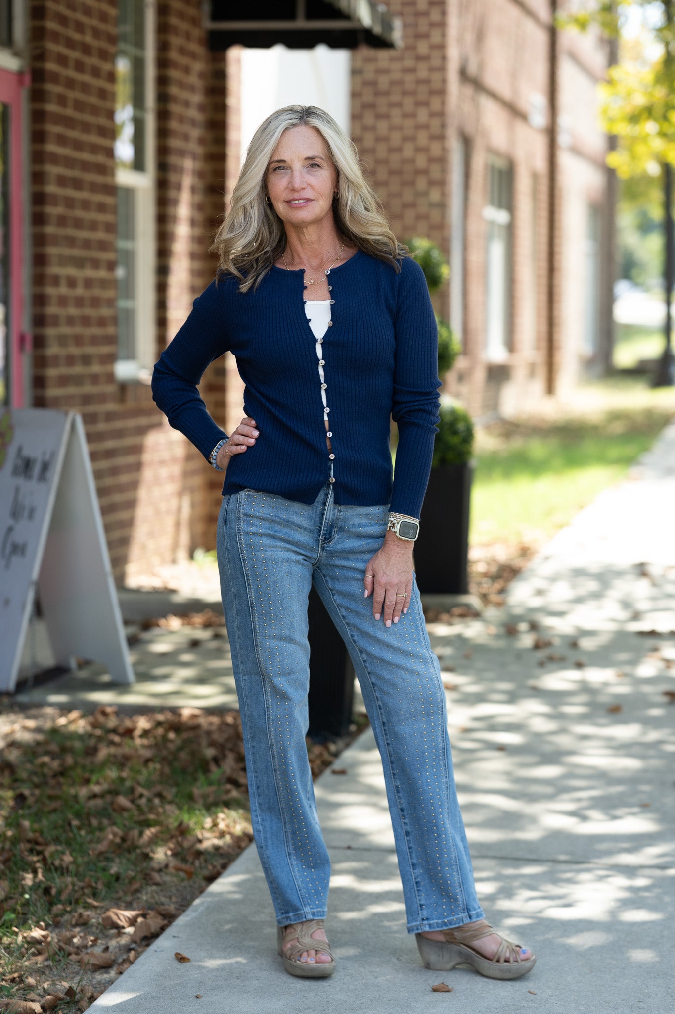 Ribbed Button Front Cardigan: Navy