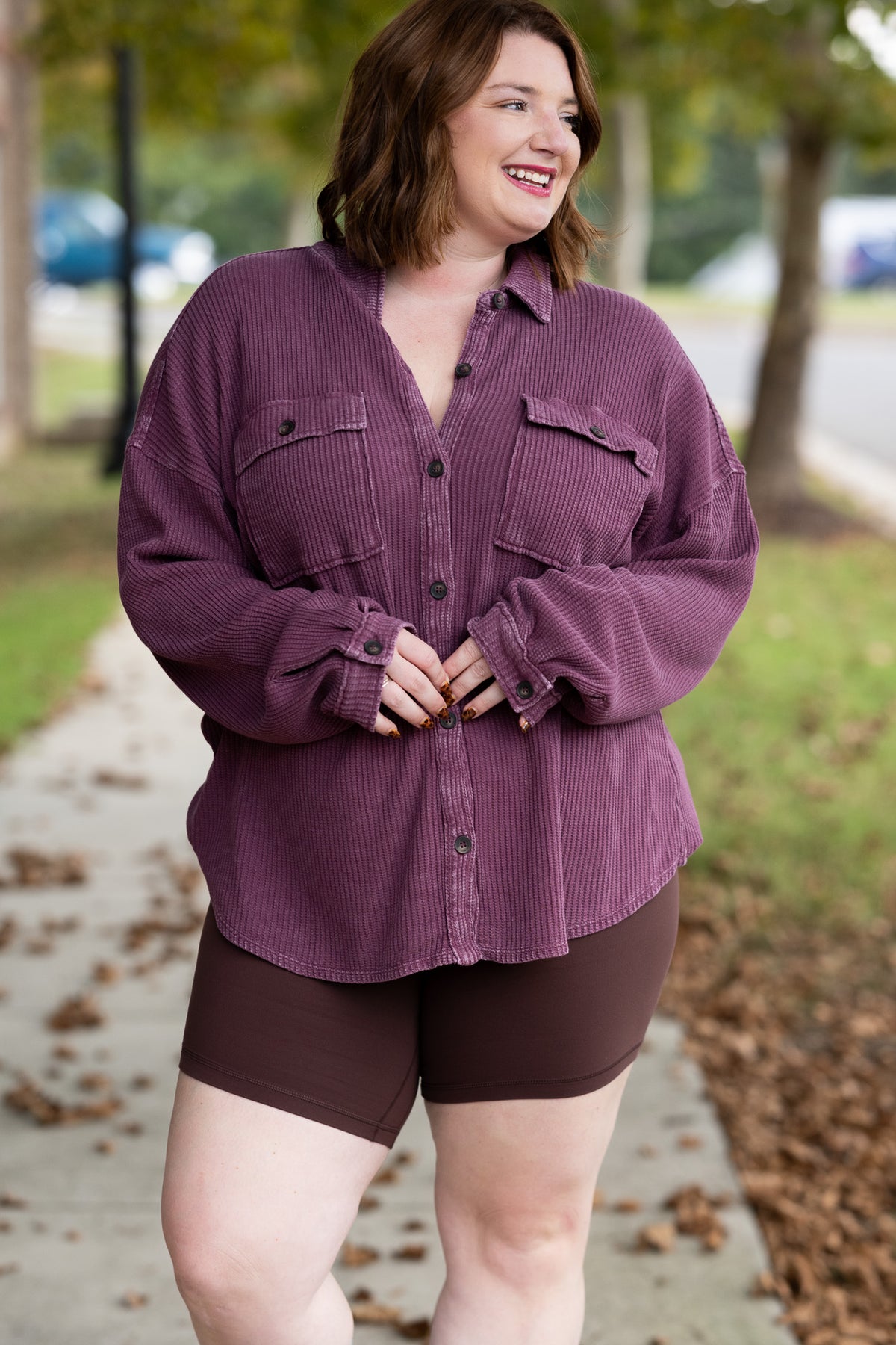 Mineral Wash Waffle Knit Button-Up Shacket: DARK CHERRY
