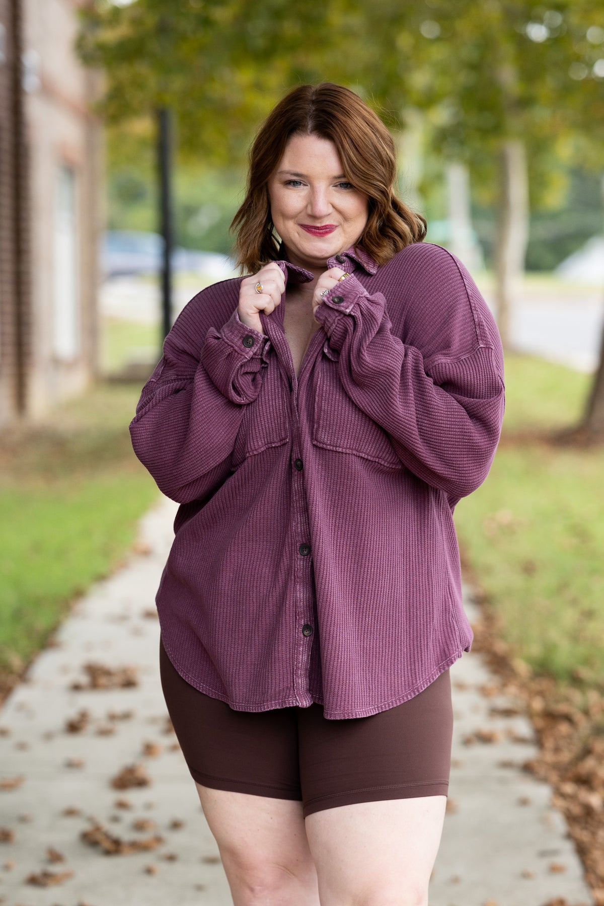 Mineral Wash Waffle Knit Button-Up Shacket: DARK CHERRY