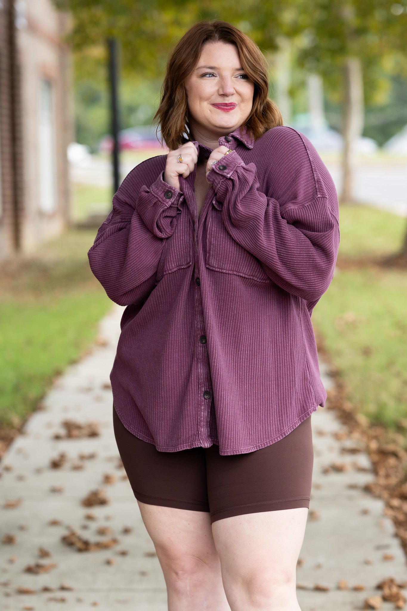 Mineral Wash Waffle Knit Button-Up Shacket: DARK CHERRY