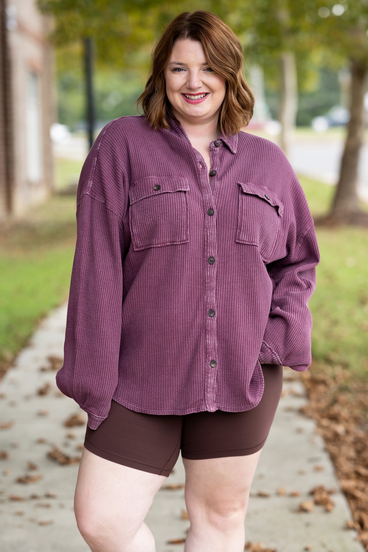 Mineral Wash Waffle Knit Button-Up Shacket: DARK CHERRY
