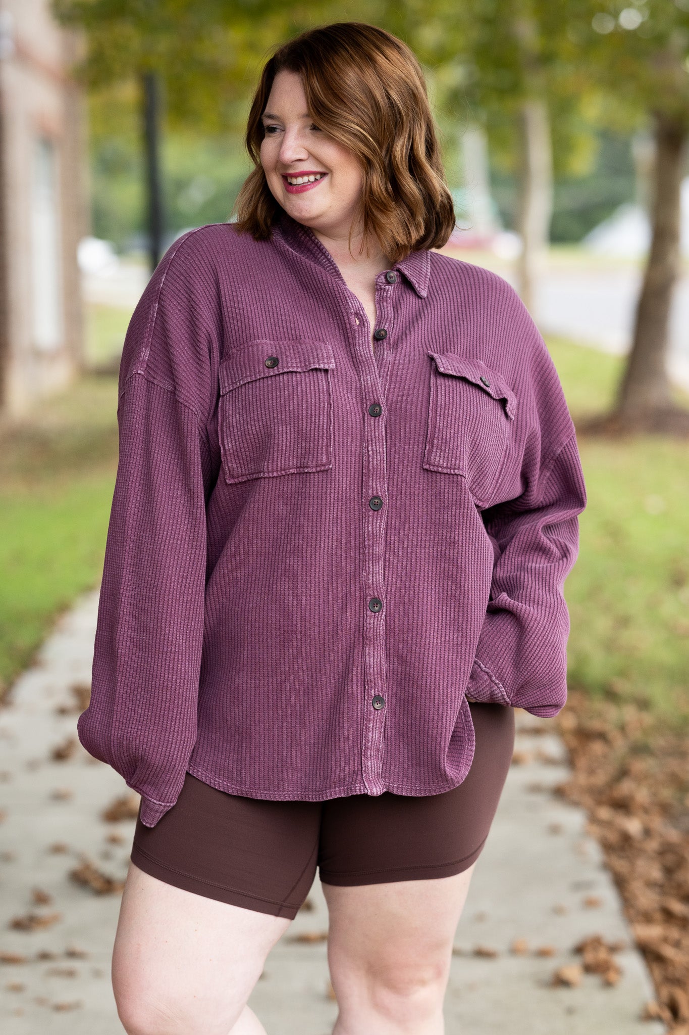 Mineral Wash Waffle Knit Button-Up Shacket: DARK CHERRY