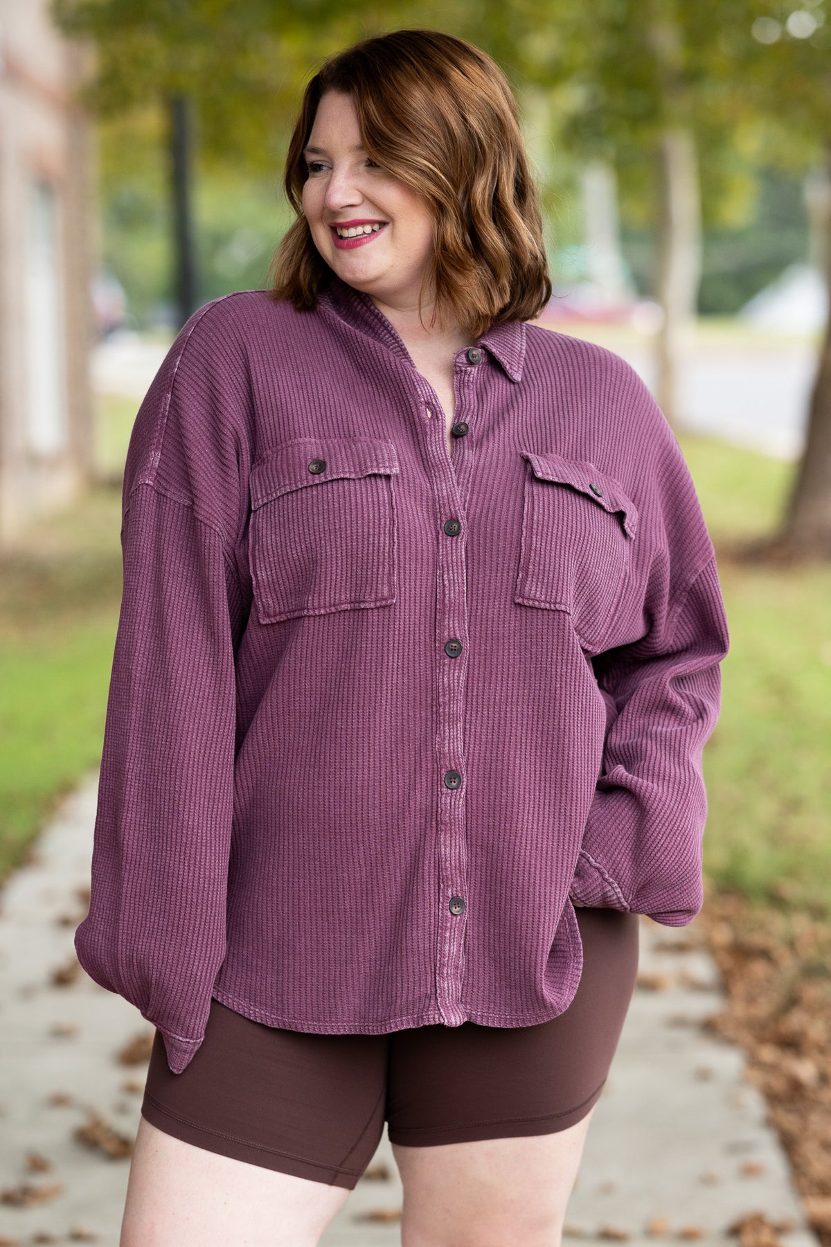 Mineral Wash Waffle Knit Button-Up Shacket: DARK CHERRY