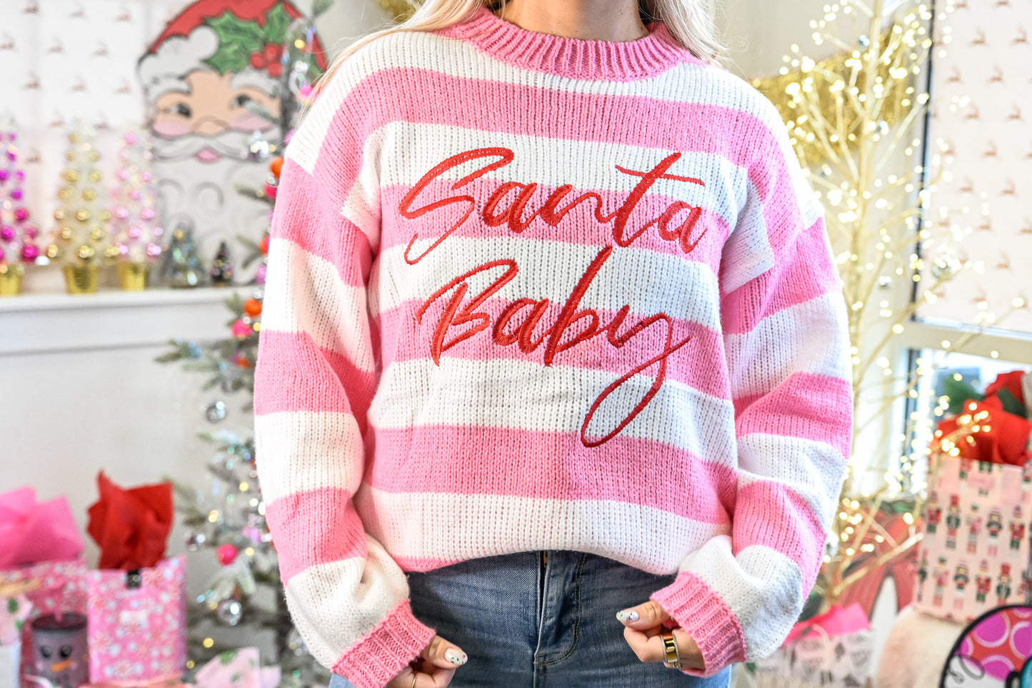 Santa Baby Pink Striped Sweater