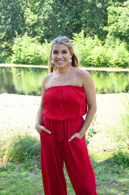 Red Strapless Pleated Jumpsuit -