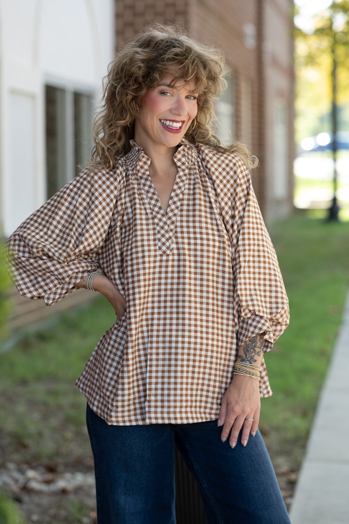 Callah Taupe Gingham Top -
