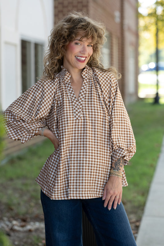 Callah Taupe Gingham Top -