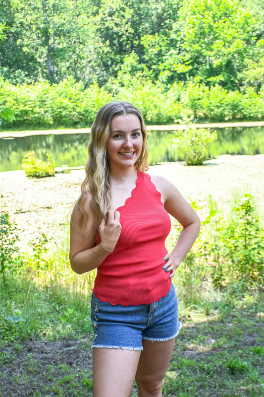Scallop Hem One Shoulder Tank - Red -