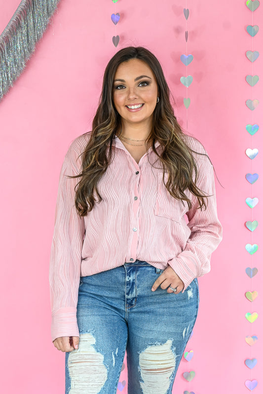 Rippled with Love Button Down - Pink -