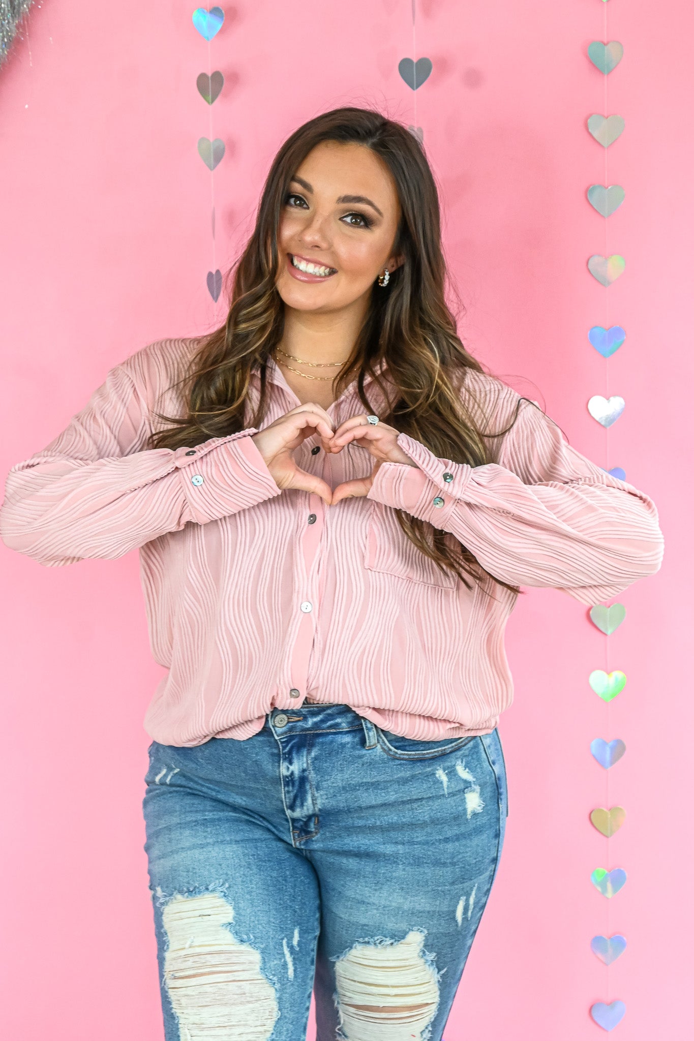 Rippled with Love Button Down - Pink -
