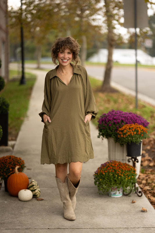 Wisteria Olive Scallop Dress