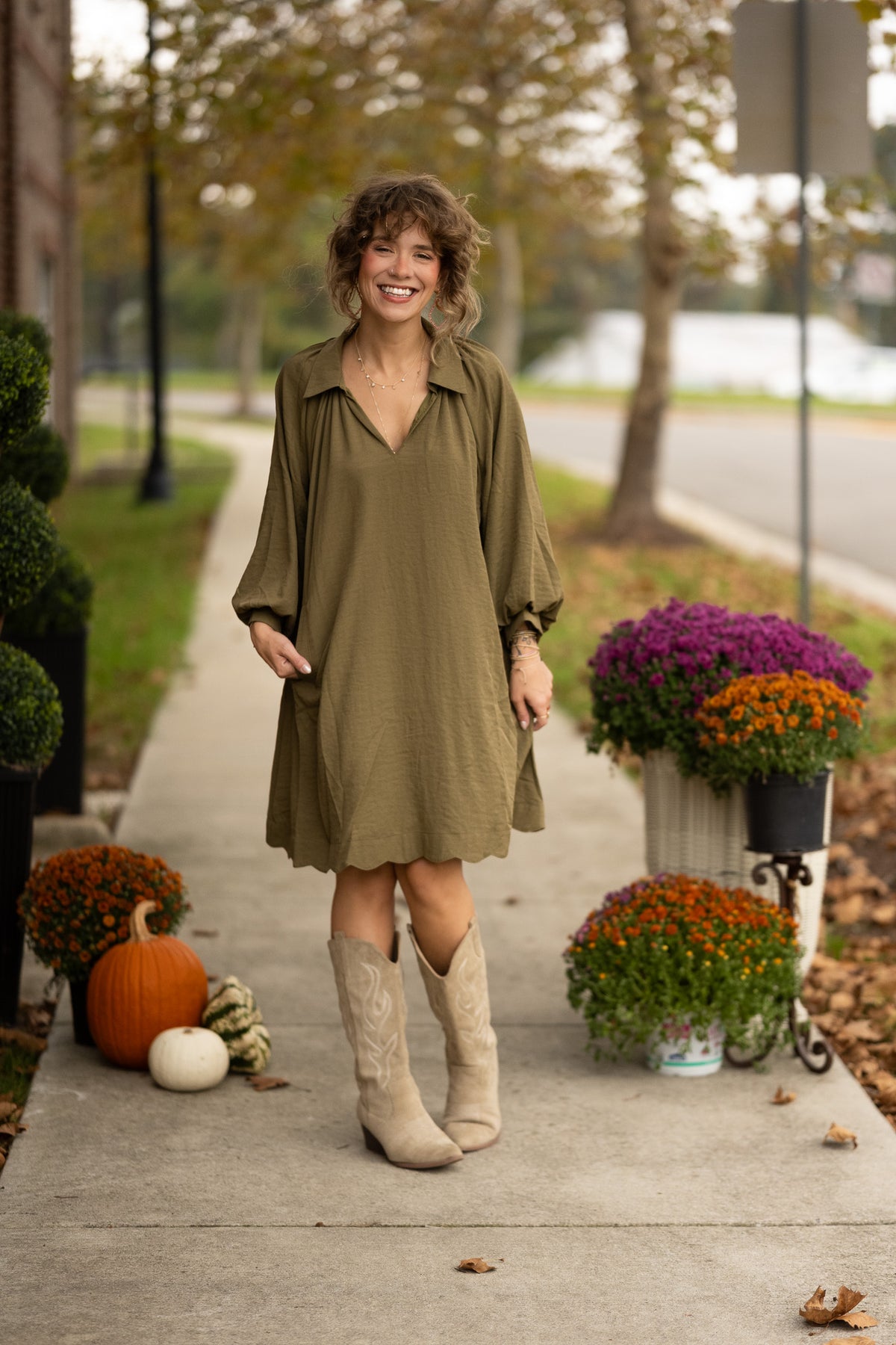 Wisteria Olive Scallop Dress