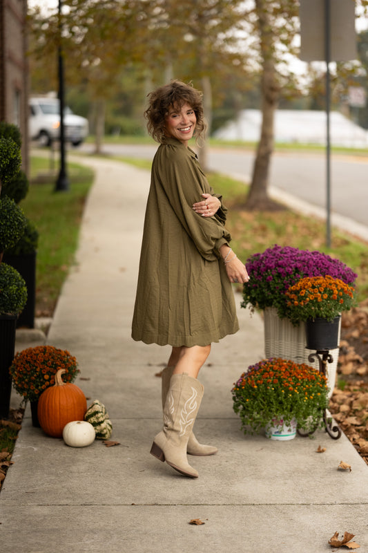 Wisteria Olive Scallop Dress