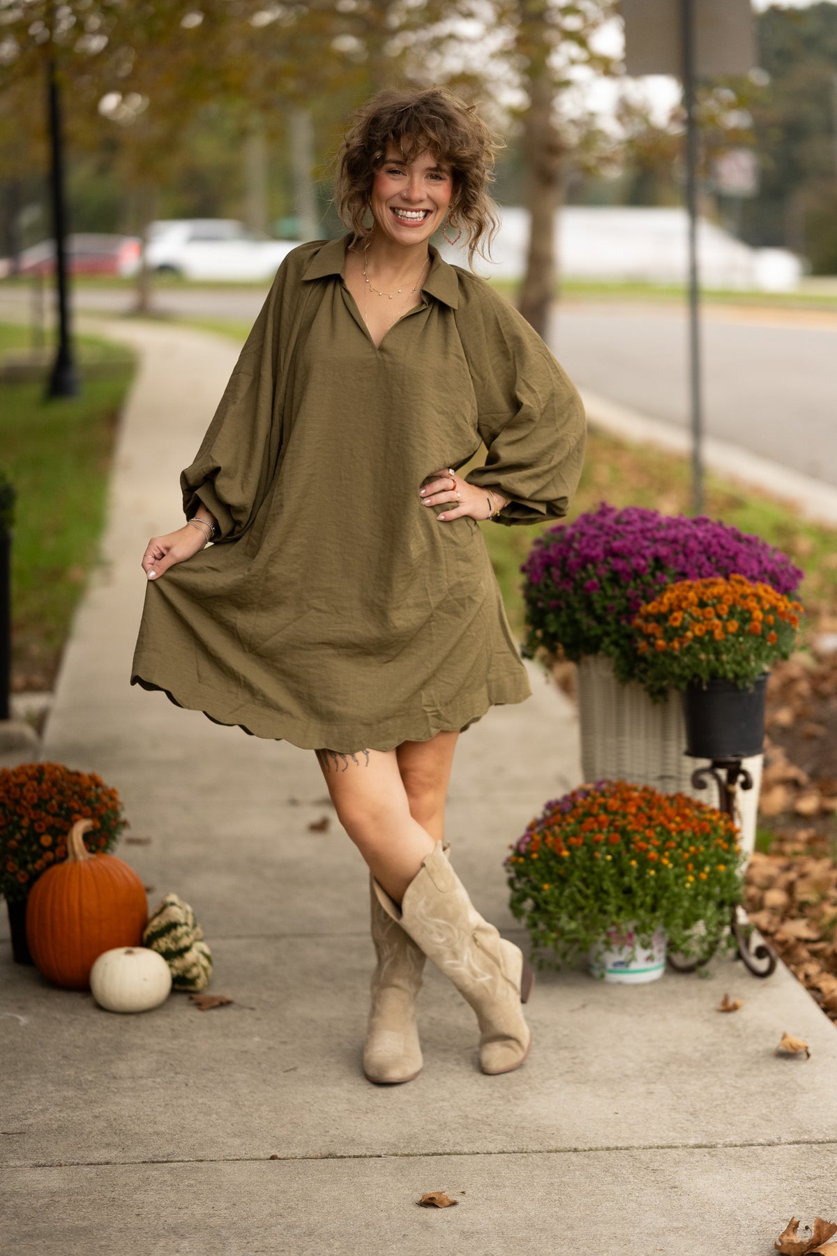 Wisteria Olive Scallop Dress