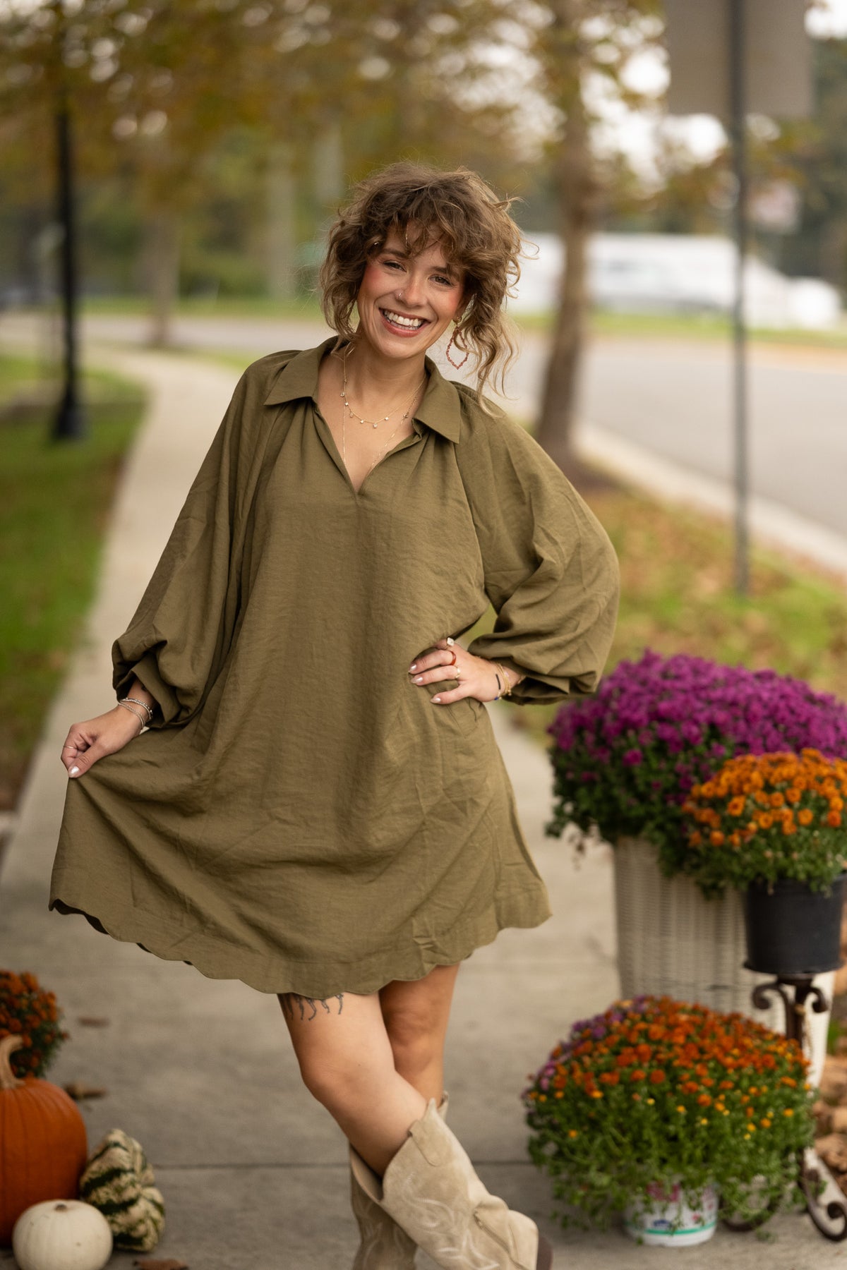 Wisteria Olive Scallop Dress